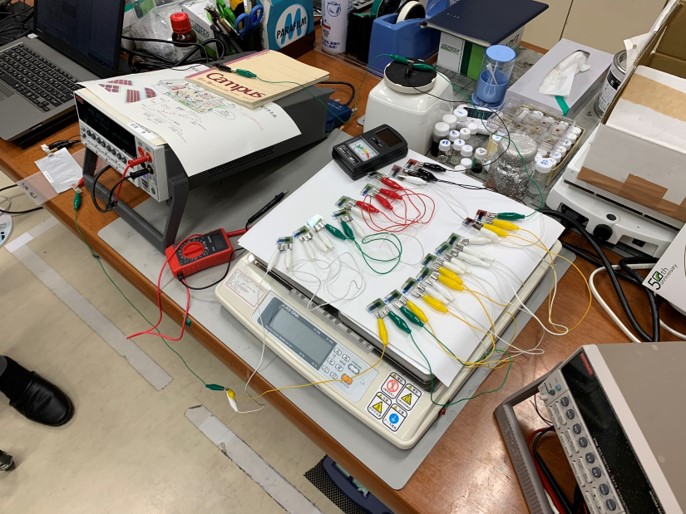 電流電圧を測定する機器。赤や緑、黄色、白、黒などのコードが並ぶ。