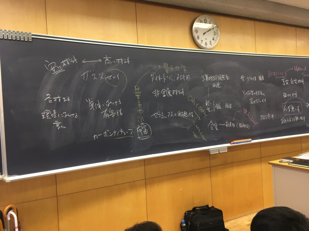 サレジオ高専の授業中の黒板。様々な単語が記載されている。