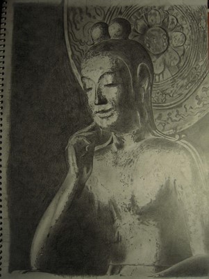 仏像の上半身が鉛筆で丁寧に描かれている。
