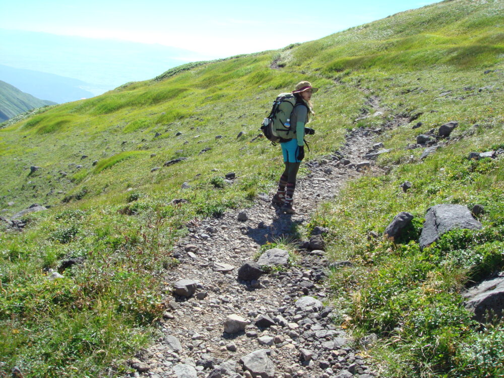 山を登る斎藤先生。木々のない、背の低い草がどこまでも生えていて、登山道だけが岩・石の道になっている。
