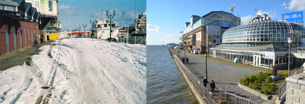 左：船が停まる港に、晴れた空に数センチ程積もった雪。右：同じ場所に、ガラス張りの大きな施設が建設された。