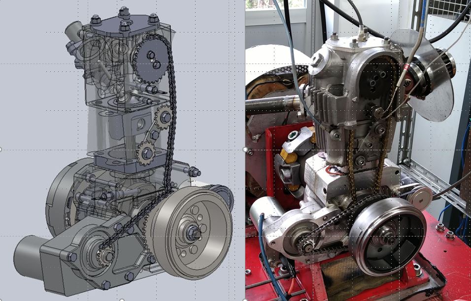 エンジンを3Dで設計した図と、実際に作成した実物の写真
