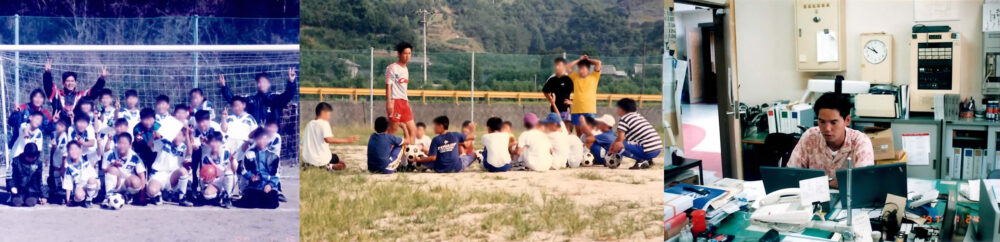 サッカー教室の生徒たちとゴール前で集合写真を撮影したときや、生徒たちに指導していたり、教員室で真剣に業務に向き合っている幸田先生