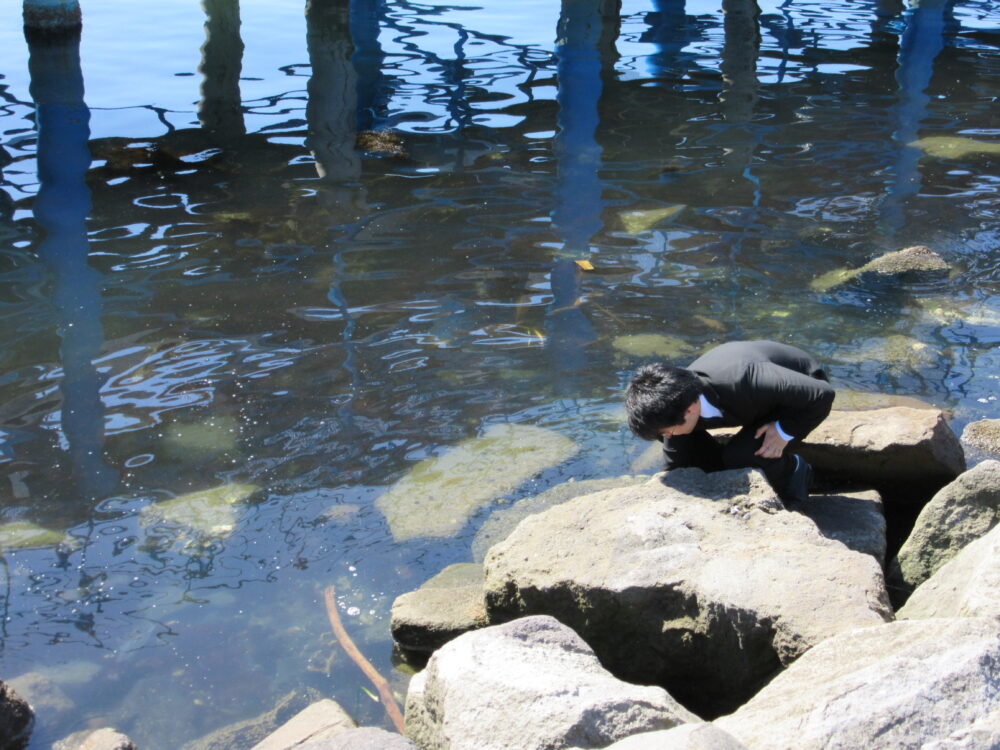 学会参加中にスーツ姿で岩場から海水を採水している松浦先生