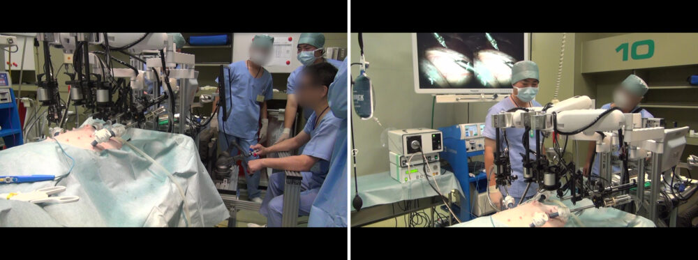 手術室にて、実際に医師が手術ロボットを操作し実験している様子
