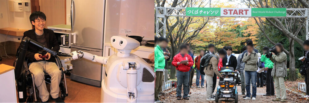 車いすに乗った冨沢先生にロボットがサービスしている様子／屋外にて、ロボットの走行を見守る大人たち
