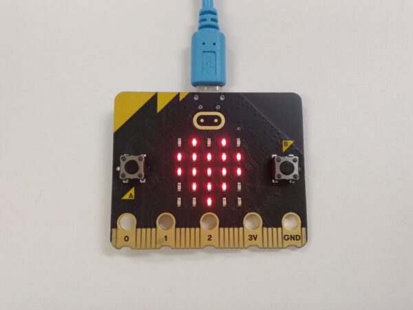 授業でよく使う、マイク、LED、Bluetoothなどの機能が搭載されている「micro:bit(v2)」。小野市での一斉オンライン授業では、1人1台ずつ使って授業を受けます