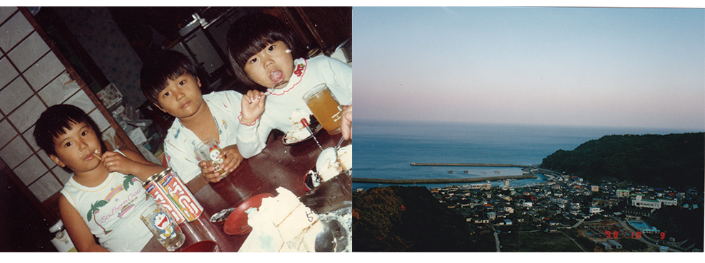 幼少期、夏休みに甑島に滞在していたときの柳川先生と、甑島の展望台から見える海に囲まれた街の様子