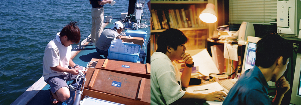大学院時代の柳川先生。長崎県形上湾での水質調査で機材をセットアップしている様子と、研究室での様子