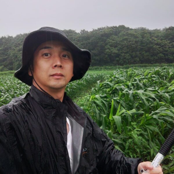 雨の日にトウモロコシ畑の草刈りをする森田先生。研修室に留まることなく、栽培管理を行います。
