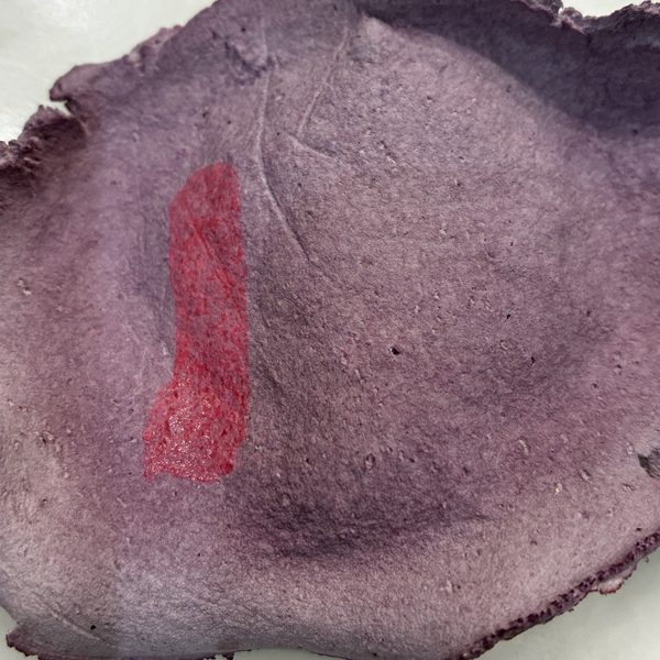 ▲安心サインエコパックのプロトタイプにおいて、色の変化（紫→赤）が生じているもの